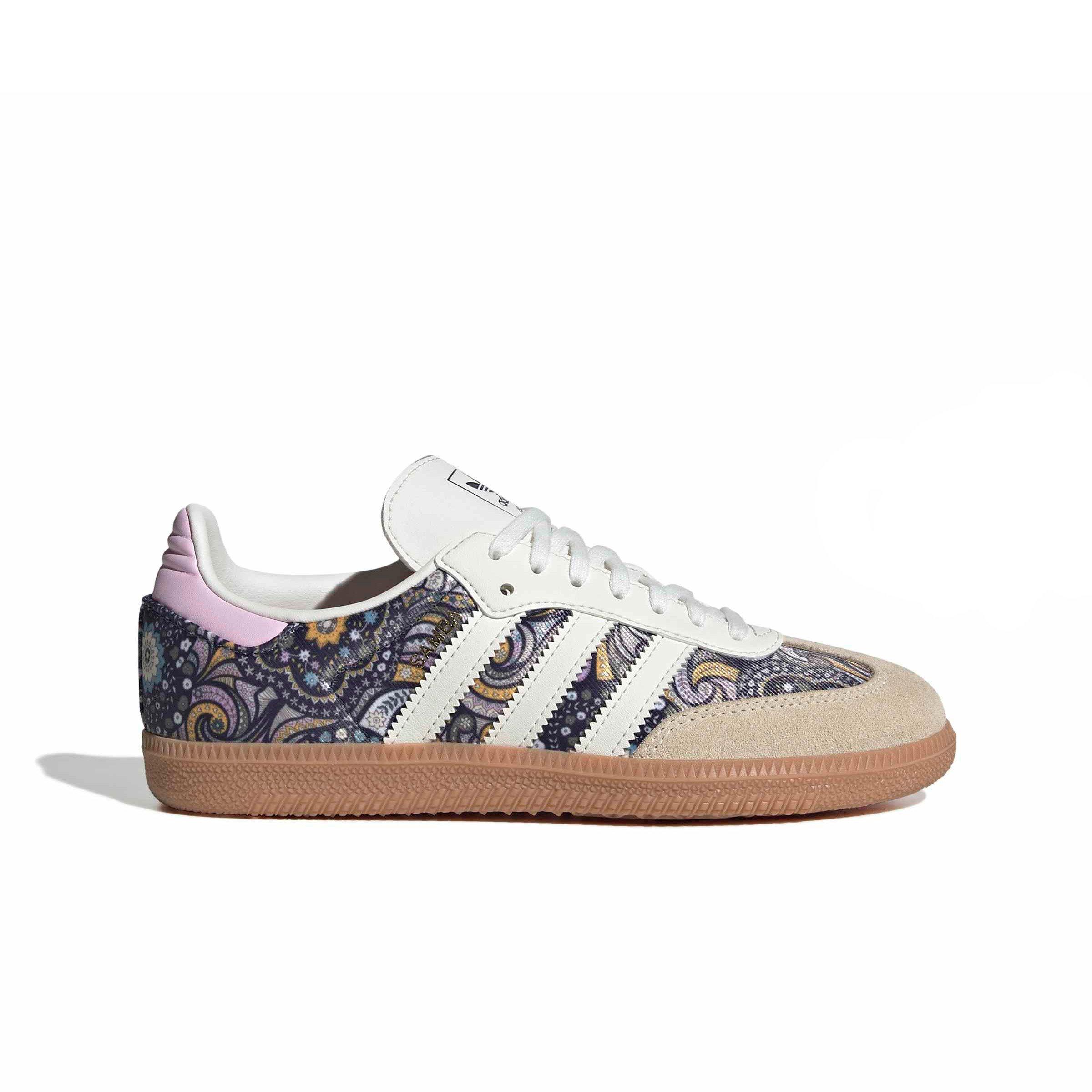 adidas Originals Liberty Samba OG "Core White/Orchid Fusion/Gum 2" Grade School Girls' Shoe - WHITE/PURPLE/BROWN